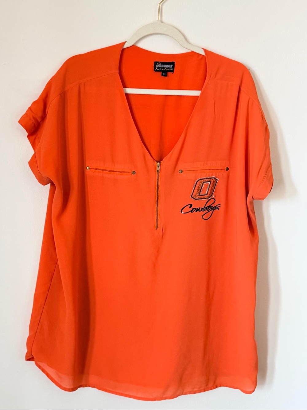 XL Cowboys Embroidered V-Neck Zip-Front Blouse in Orange